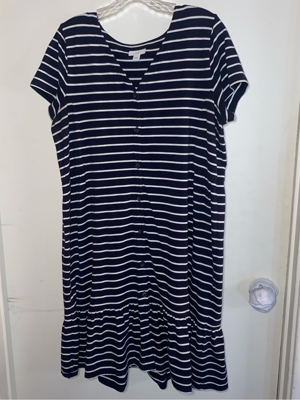 J Jill Dress Women's Navy Blue Striped Button Tiered Knit Short Sleeve Mini Med
